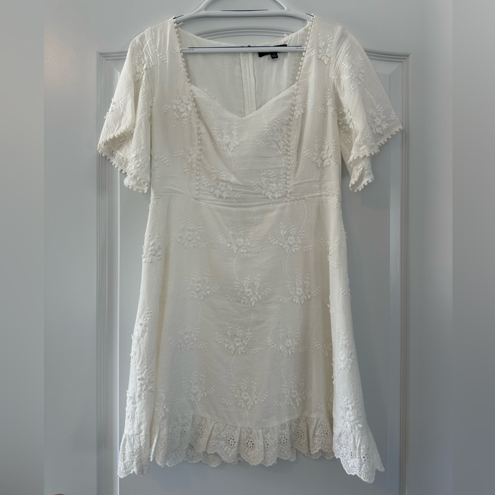 Lulu’s Morning in Mallorca White Cotton Eyelet Short Sleeve Mini Dress